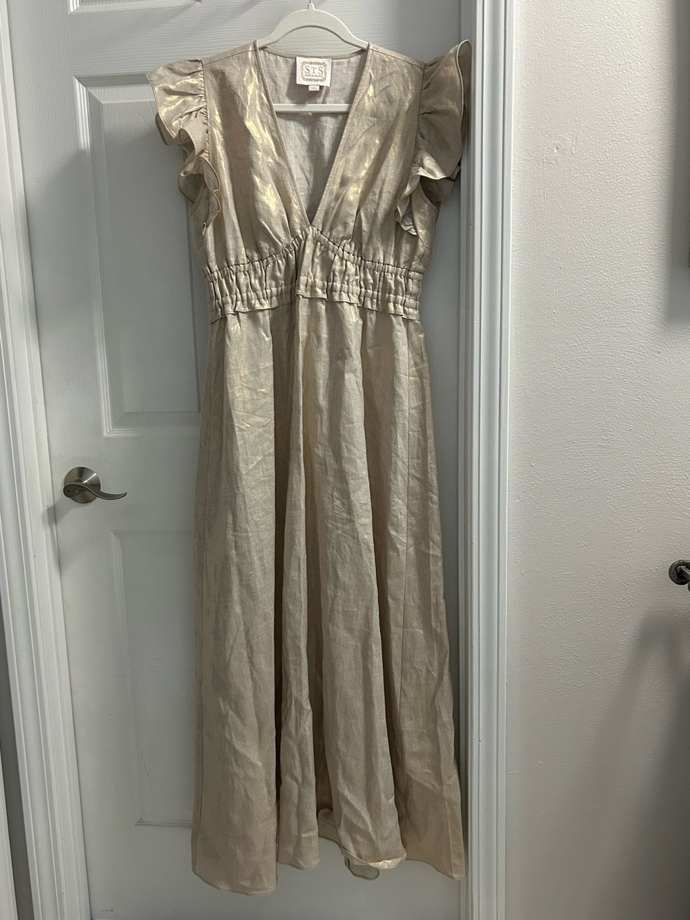 Sail to Sable Champagne Metallic Maxi Dress with Ruffle Sleeves